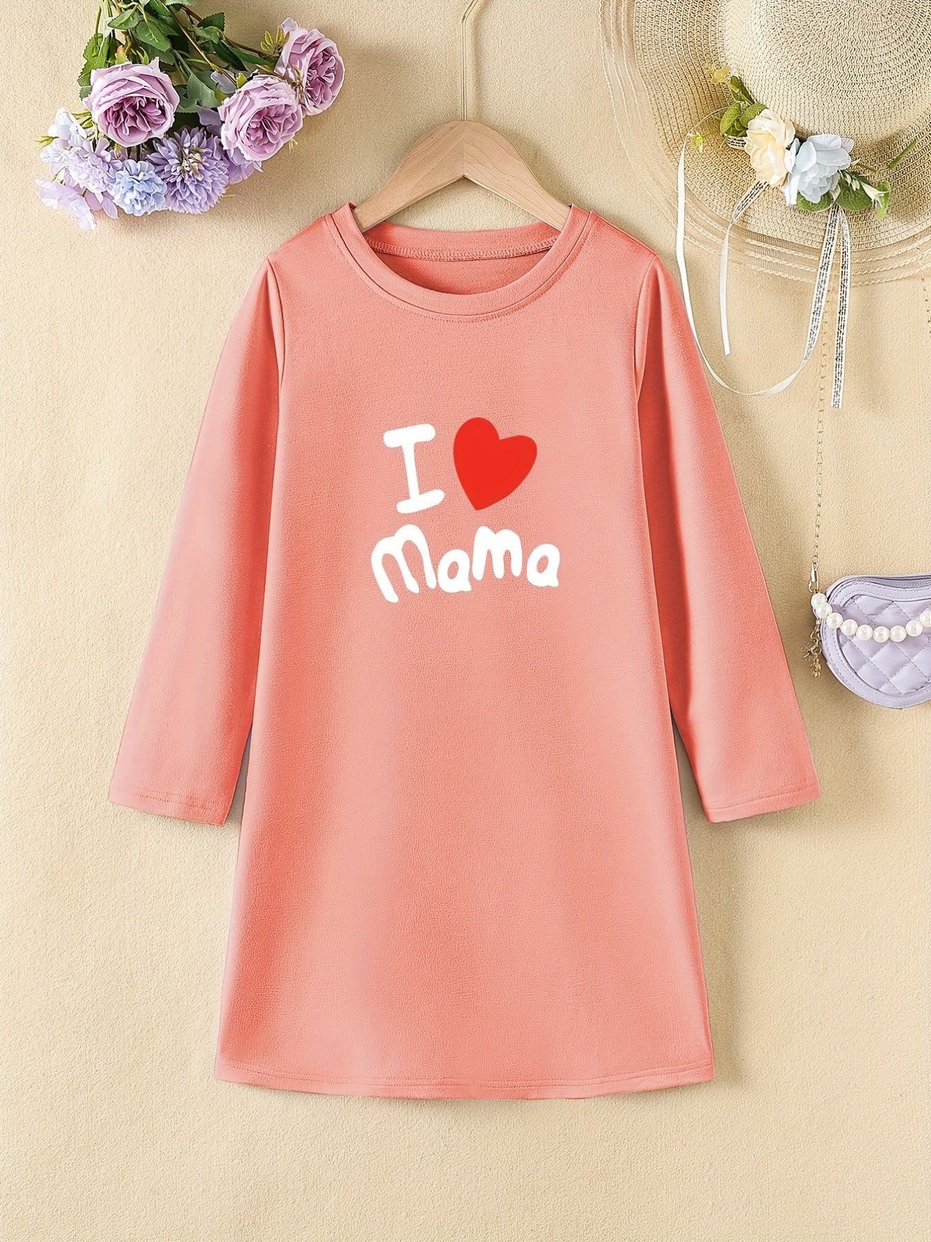 Girls' 'I Love Mama' Print A line Dress Spring Fall Kids Clothes