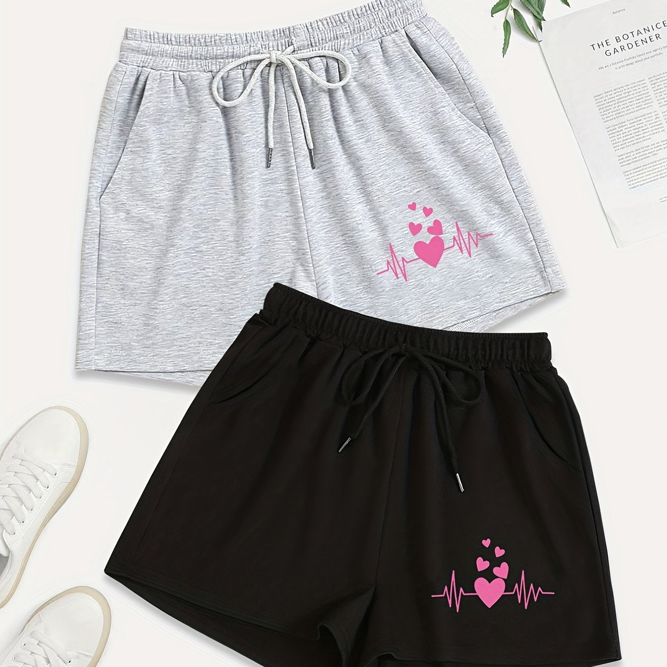 2 Pack Plus Size Heart Print Drawstring Shorts With Pockets