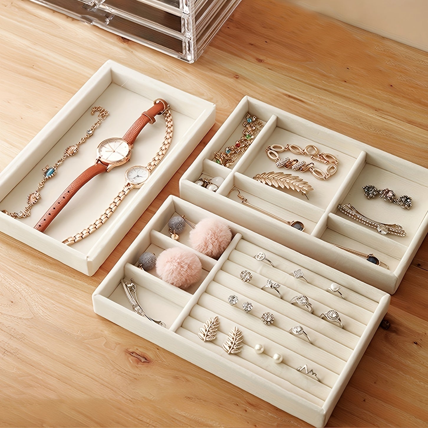 Acrylic Jewelry Organizer Box 3 Drawers Clear Velvet Lining Anti-oxidation