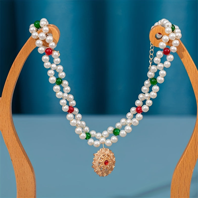 Faux Pearl Necklace with Pendant Forehead Chain