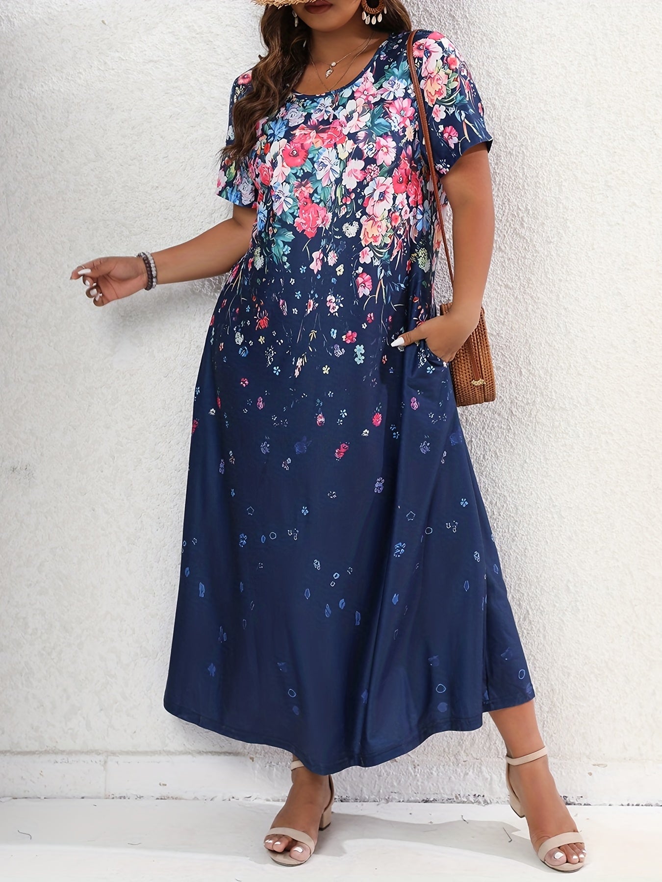  Floral Print Short Sleeve Maxi Dress With Pockets