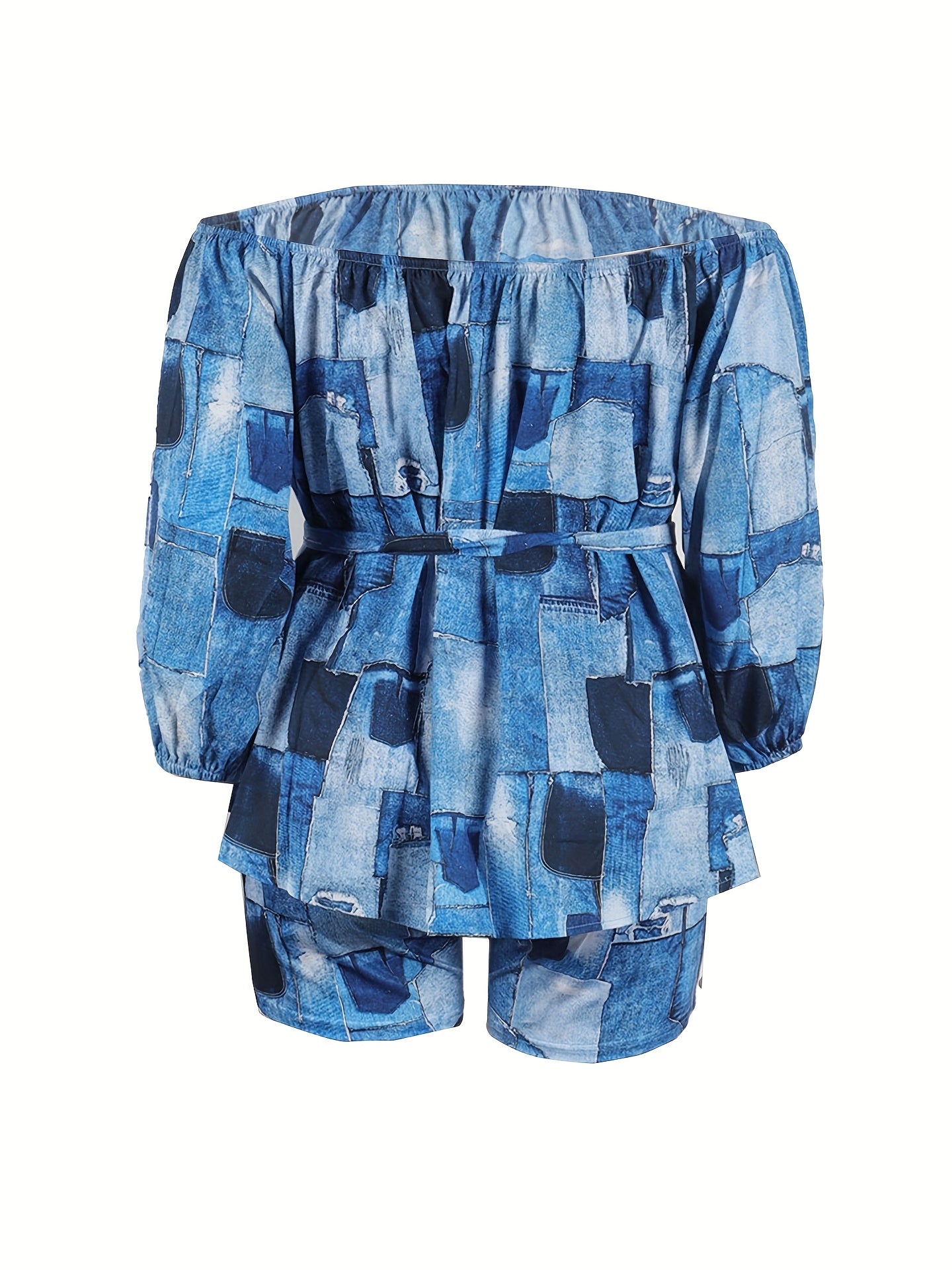  Denim Print Off Shoulder Peplum Top & Shorts Set