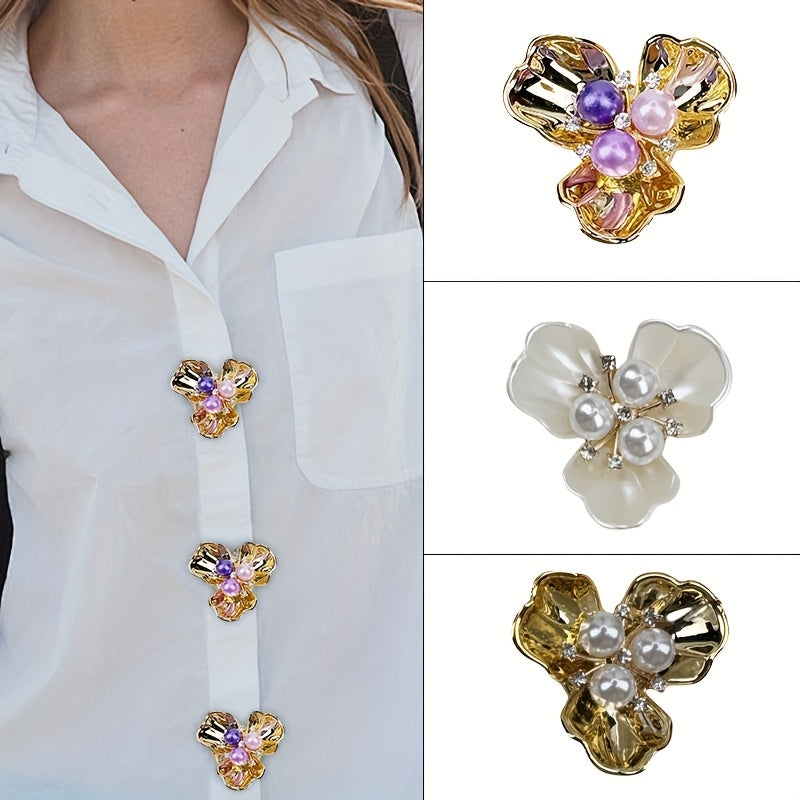 2pcs Floral Shirt Button Covers Rhinestone & Faux Decor Copper Base