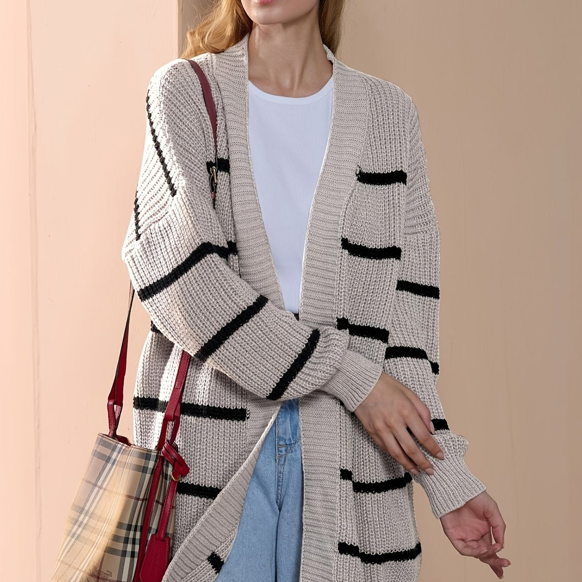  Stripe Print Open Front Cardigan