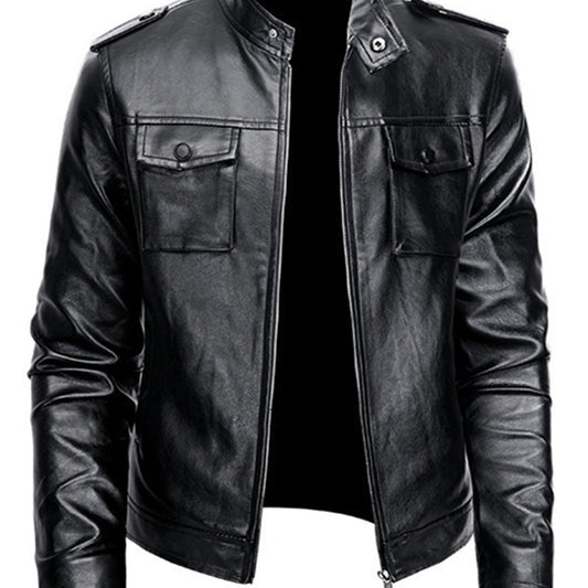 Men's PU Biker Jacket Zip Up Lapel Faux Leather Jacket