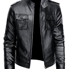 Men's PU Biker Jacket Zip Up Lapel Faux Leather Jacket