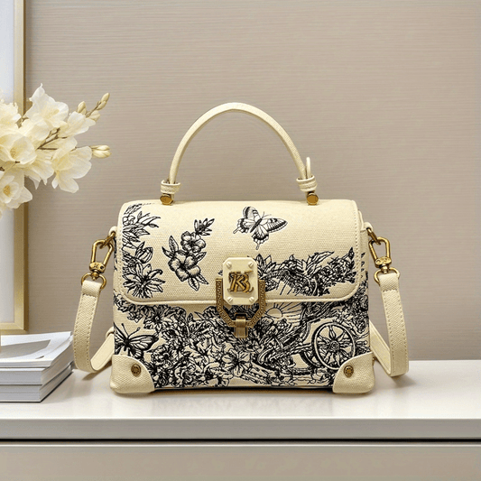 Floral Embroidered Crossbody Bag with Golden Hardware