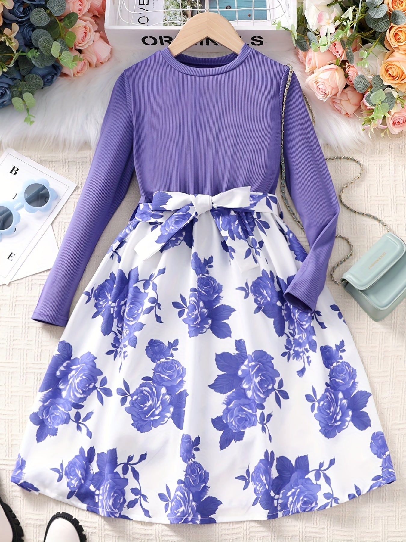 Girls Long Sleeves Flowers Splicing Belted Dress For Party Kids Spring Clothes