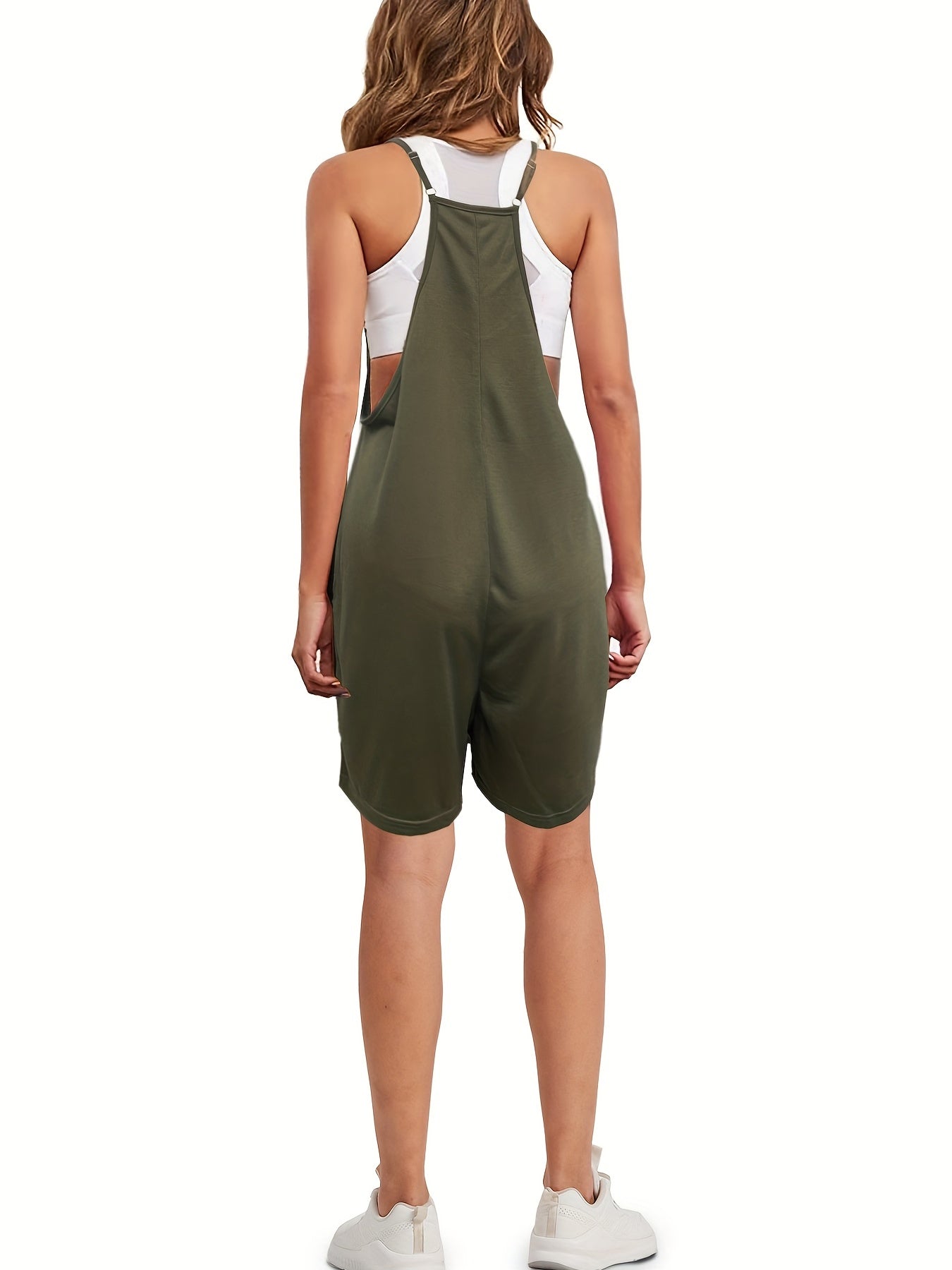 Solid Patched Pockets Jumpsuit Casual Loose V neck Jumpsuit