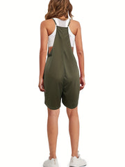 Solid Patched Pockets Jumpsuit Casual Loose V neck Jumpsuit