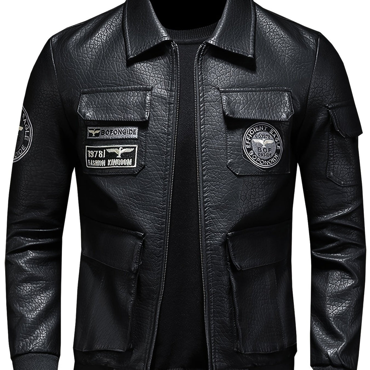 Embroidery Pocket PU Jacket Men's Casual Zip Up Faux Leather Jacket