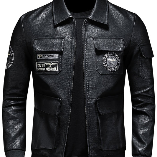 Embroidery Pocket PU Jacket Men's Casual Zip Up Faux Leather Jacket