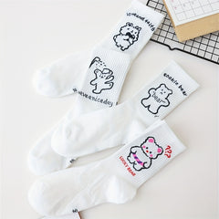 4 Pairs Cartoon Bear Print Socks Women's Mid Tube Stockings
