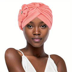 Faux Pearl Flower Turban Cap Bowknot Pleated Head Wraps Elastic Ramadan Head Sca