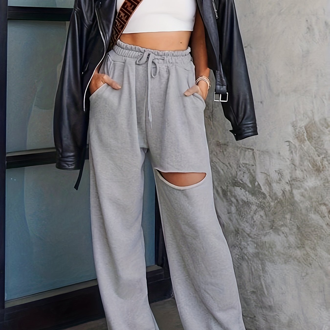  Solid Ripped Elastic High Rise Wide Leg Sweatpants