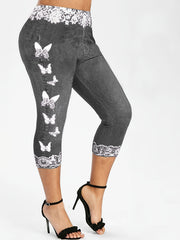 Butterfly & Denim Print Skinny Leggings High Waist Yoga Leggings