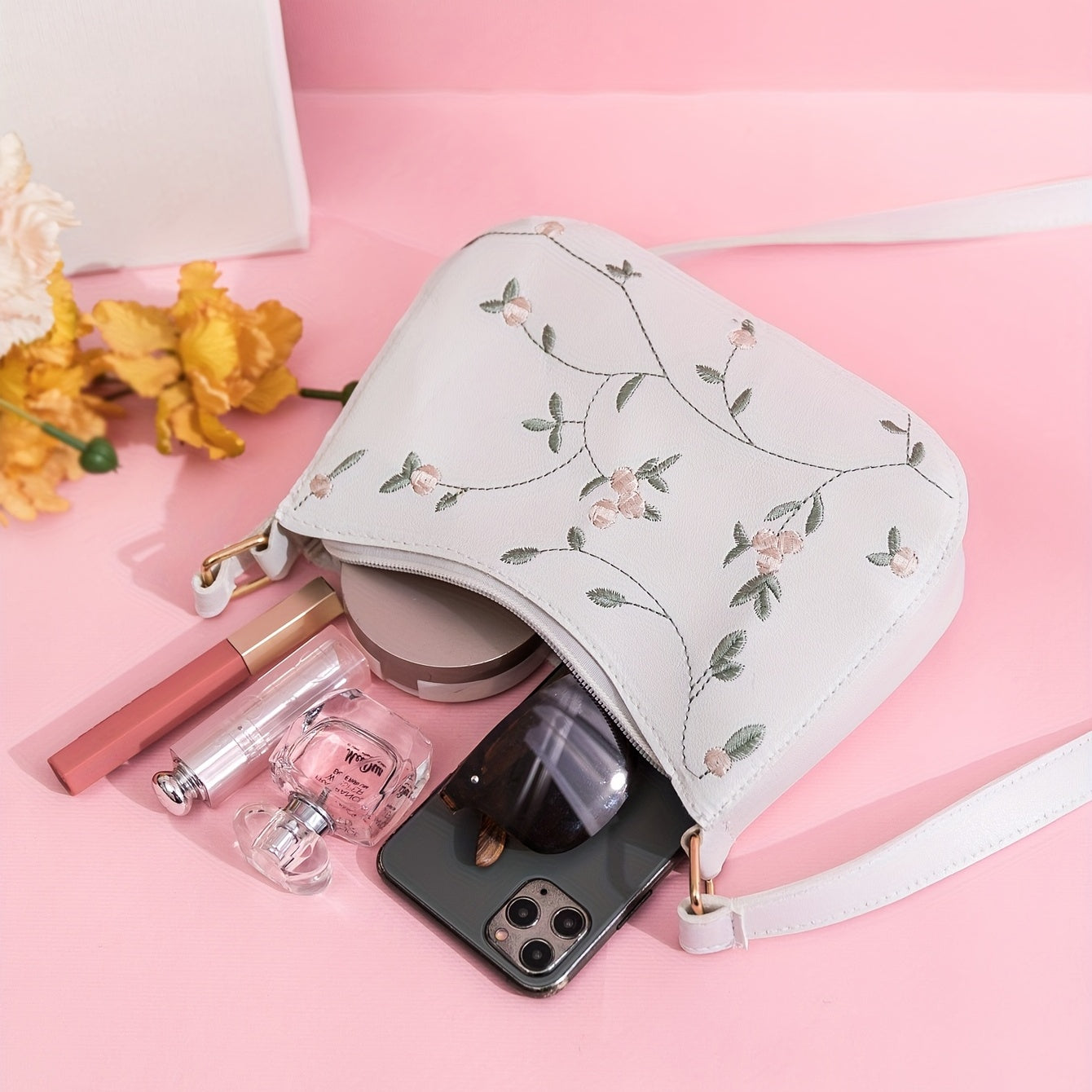 Flower Embroidered Shoulder Bag Zipper Stylish Baguette Bag
