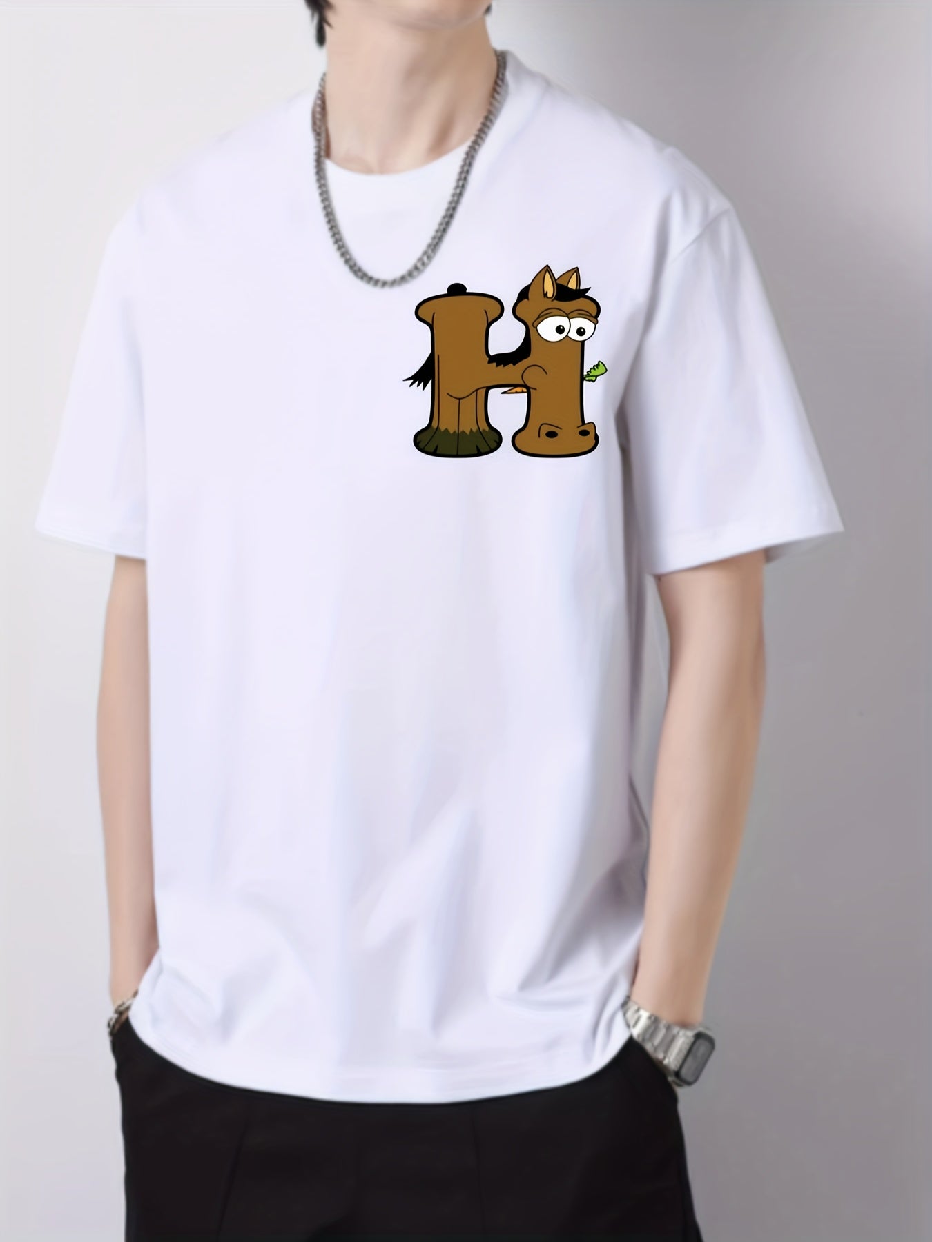 Horse & Tree Pattern Print Men's Cotton Crew Neck T shirt