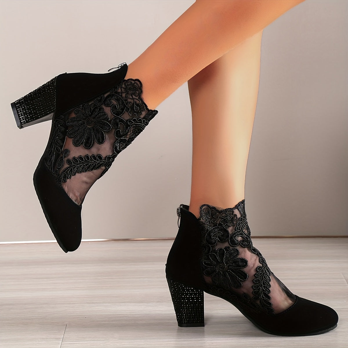 Women's Mesh Block Heel Boots Embroidered Back Zip Ankle Boots