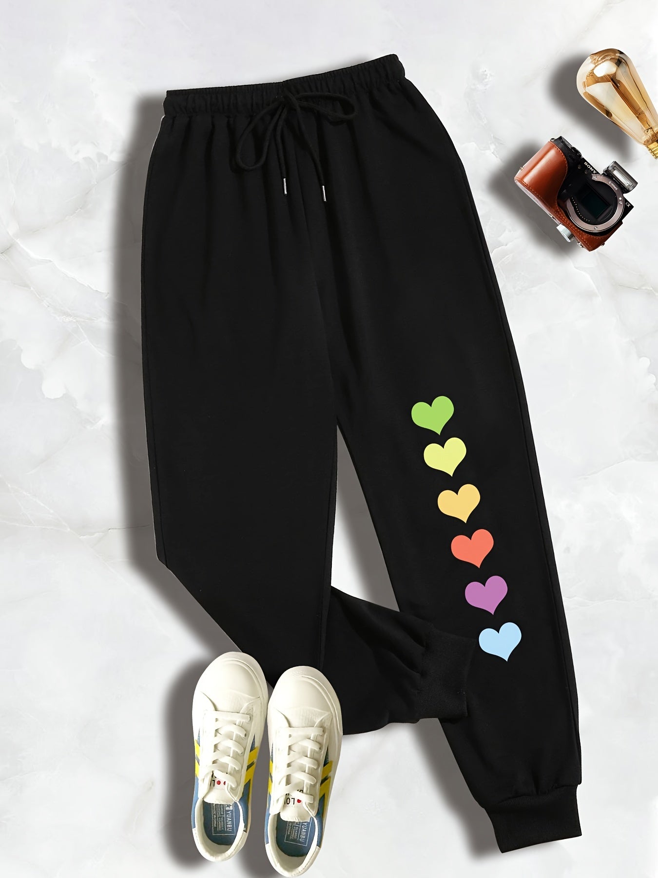 Colorful Heart Print Drawstring Sweatpants Plus Size Women's