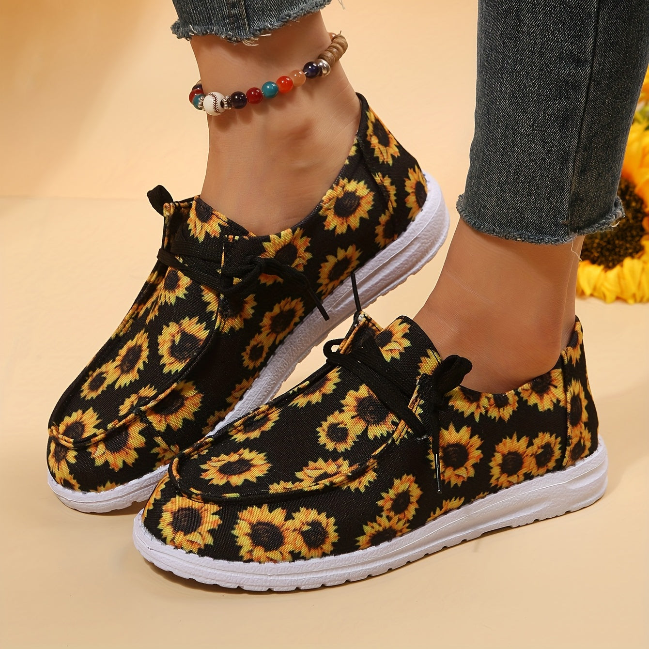 Women's Sunflower Print Canvas Slip-On Loafers Shoes