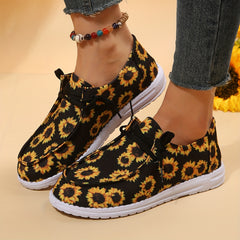 Women's Sunflower Print Canvas Slip-On Loafers Shoes