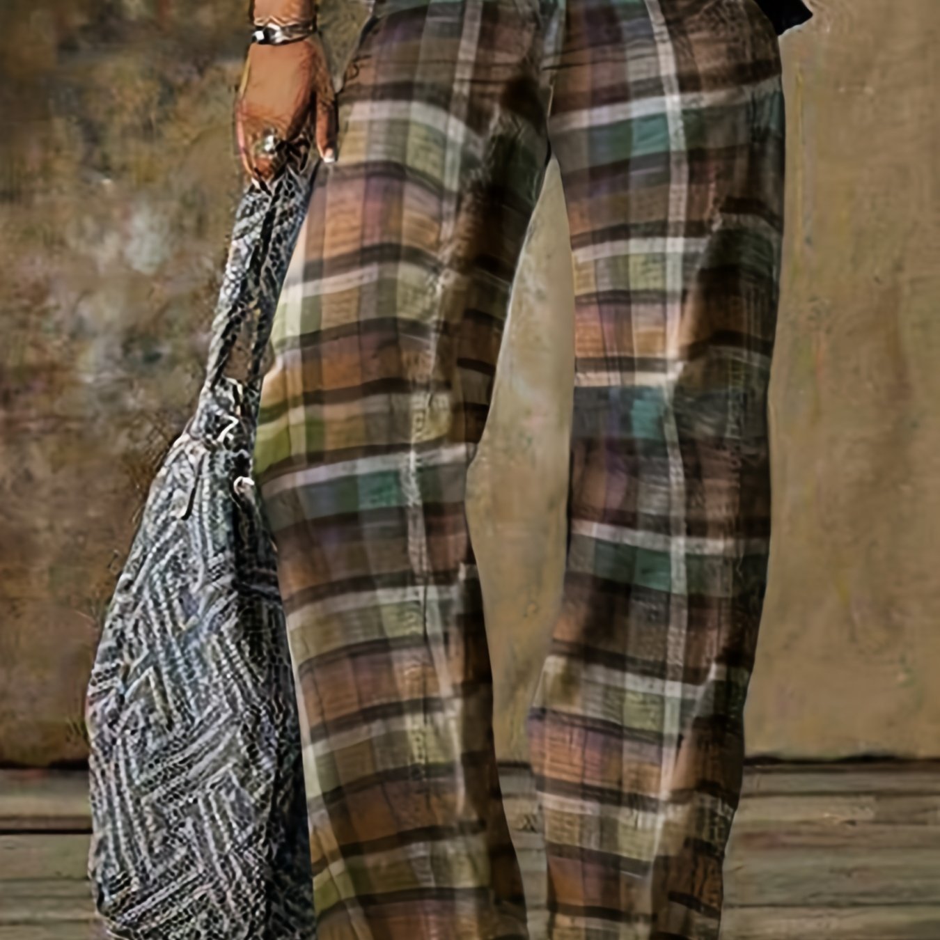  Gingham Print Button Fly Straight Leg Pants