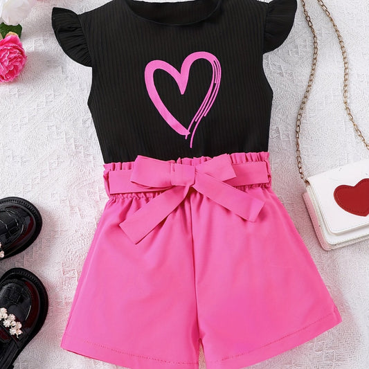 Girls Heart Graphic Flutter Sleeve Top & Belted Waist Shorts Set