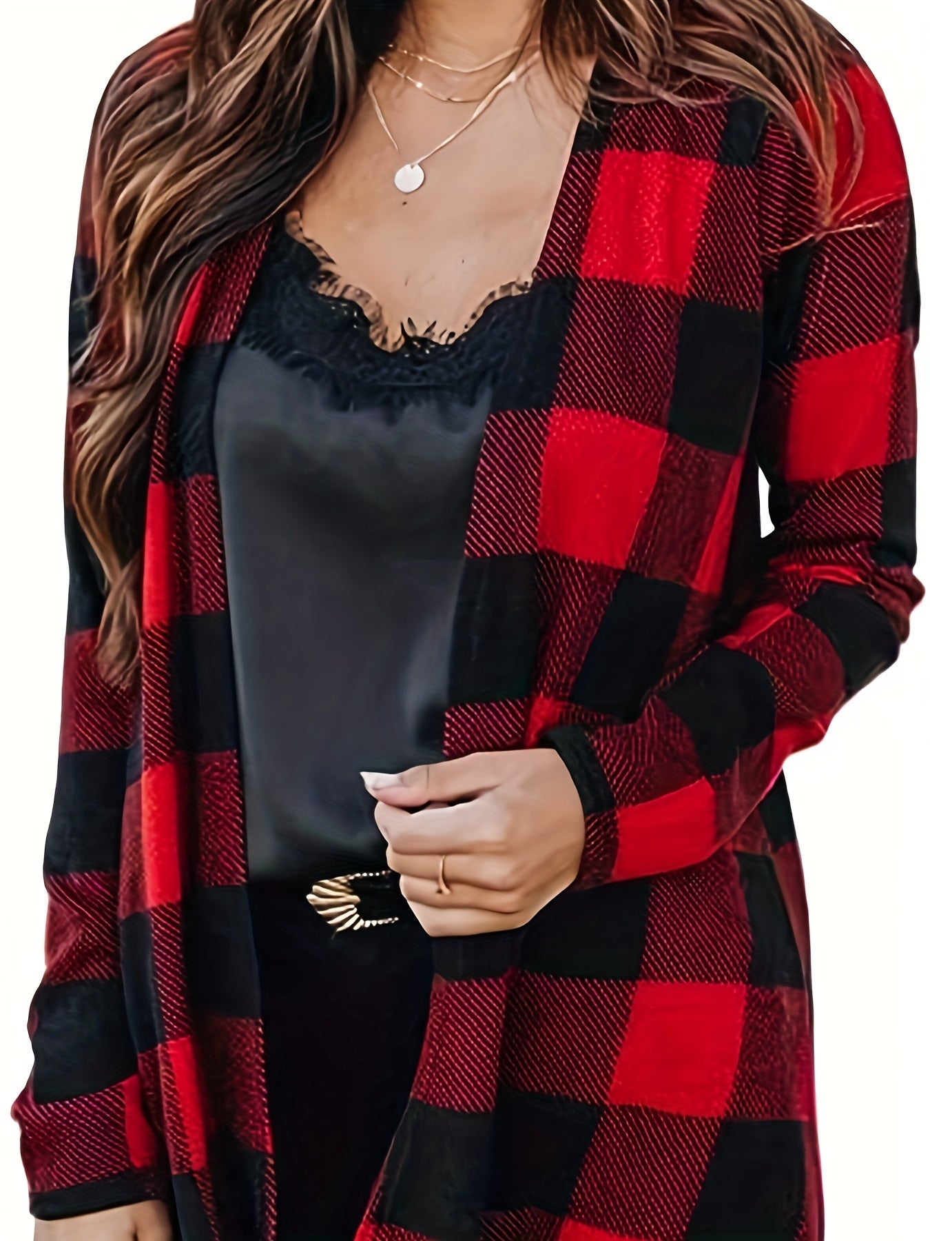  Gingham Print Open Front Cardigan