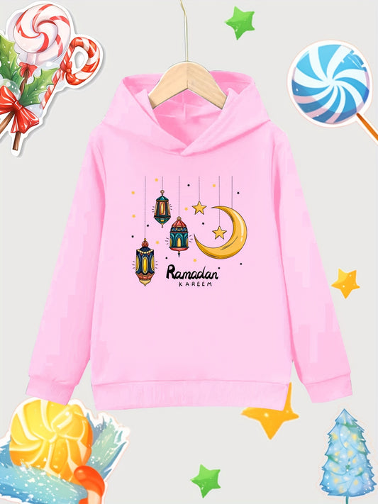 Moon & Star Pattern Girl's Cotton Hoodie Active Stretch Breathable Hood