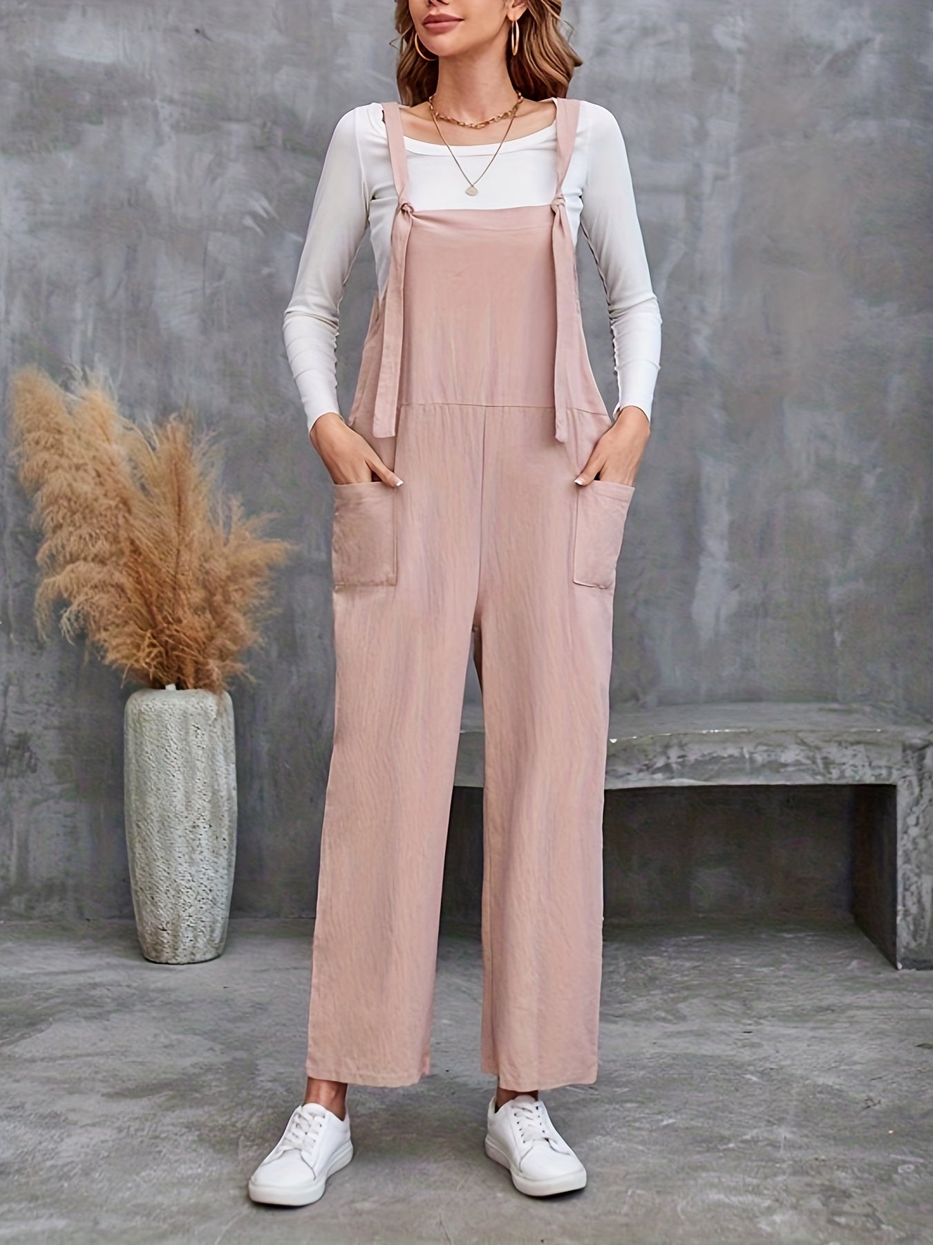 Solid Knot Strap Overall Jumpsuit with Pockets