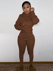 Women's Solid Hooded Sports Set Long Sleeved Tops and Pants