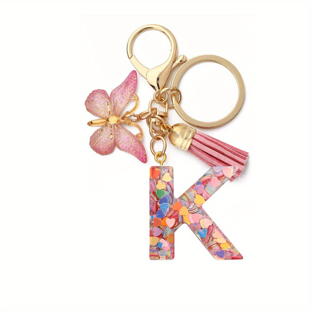 Initial Letter Keychain Tassel Butterfly Pendant Key Ring For Purse Handbags