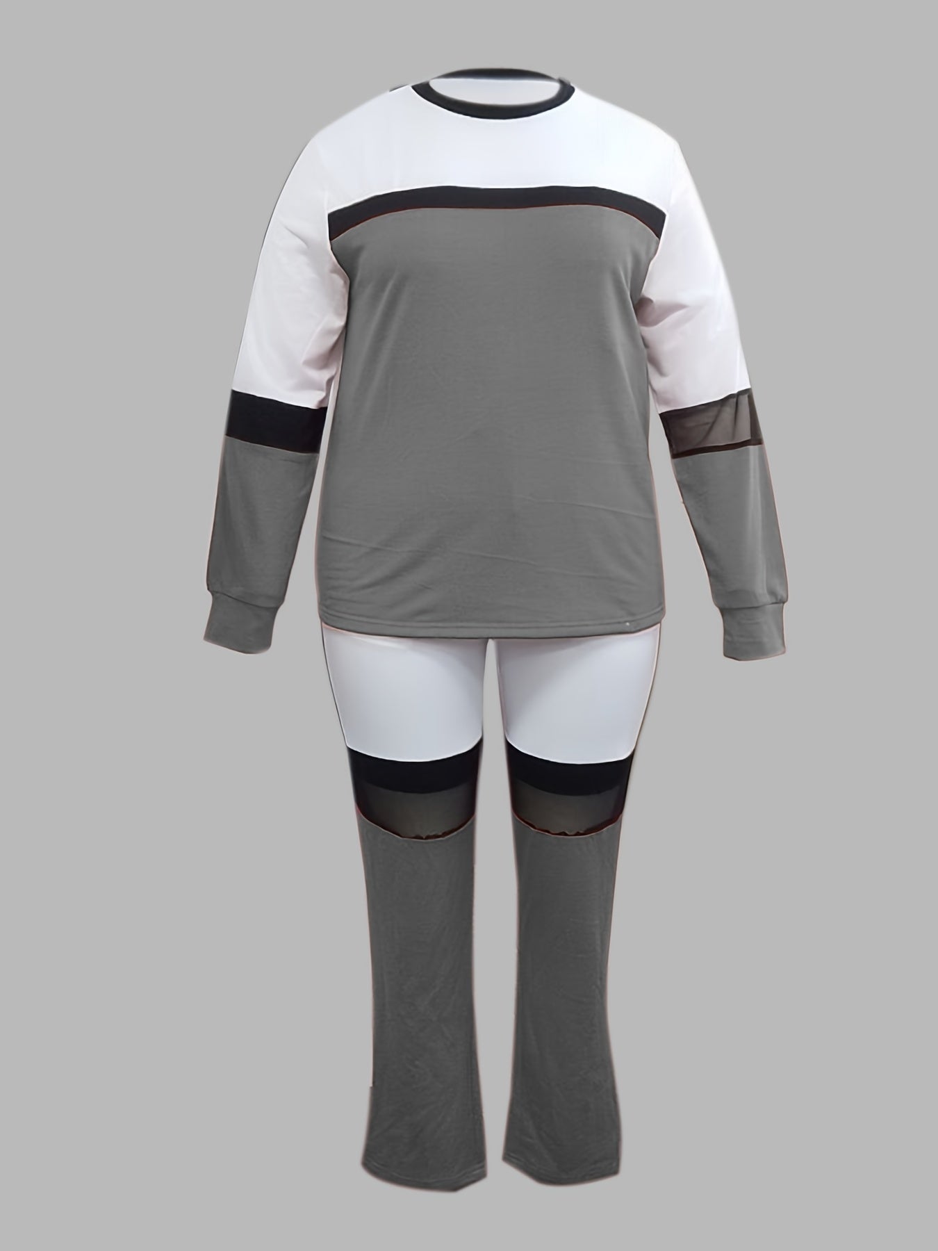  Colorblock Mesh Sweatshirt & Sweatpants Set Women's Plus 2pcs Set