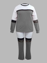  Colorblock Mesh Sweatshirt & Sweatpants Set Women's Plus 2pcs Set