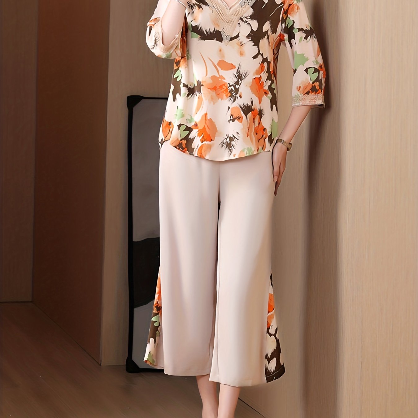 Floral Print Two piece Set Lace V neck Blouse & Wide leg Pants Outfit