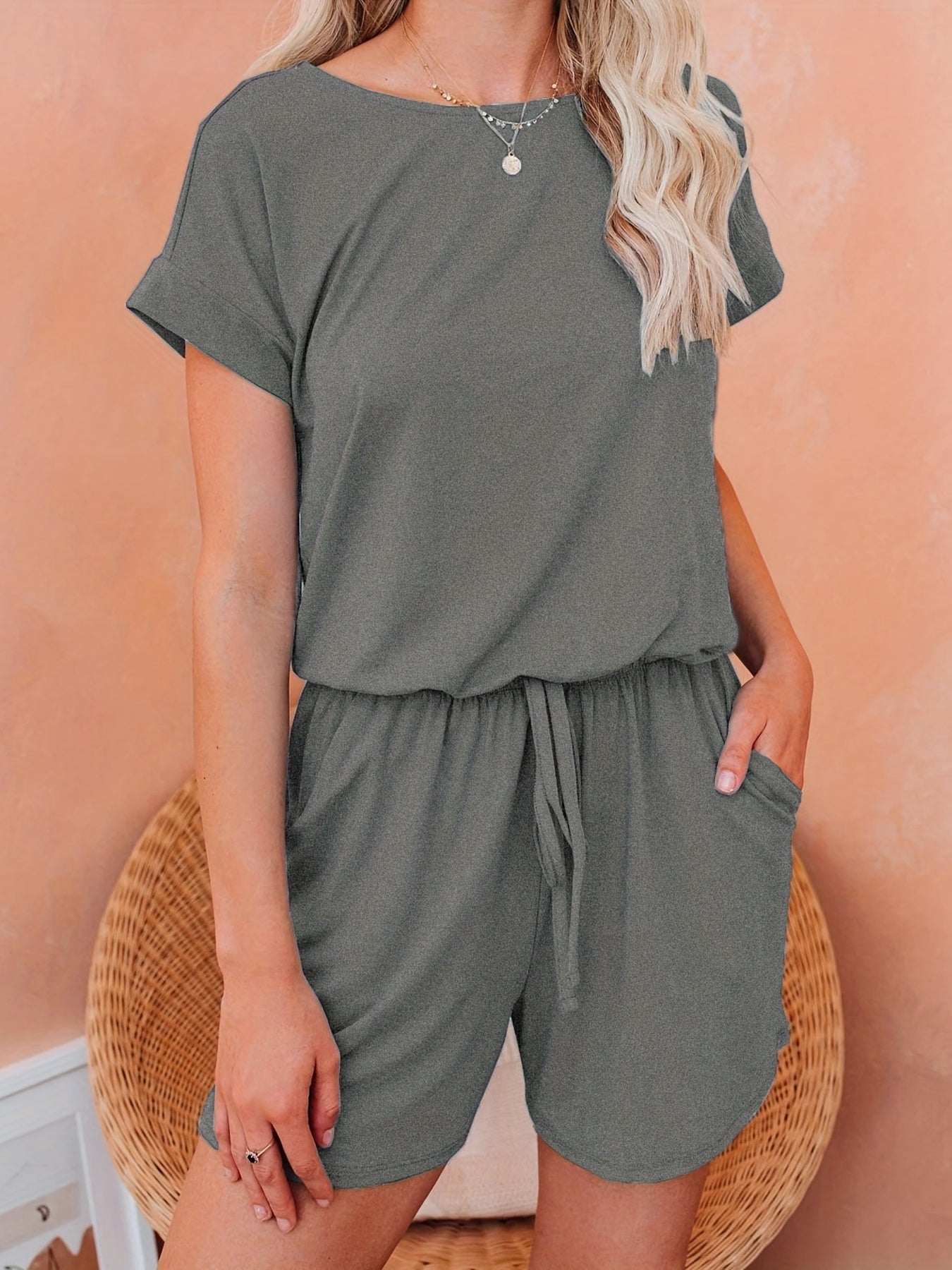 Drawstring Waist Romper Jumpsuit Short Sleeve Casual