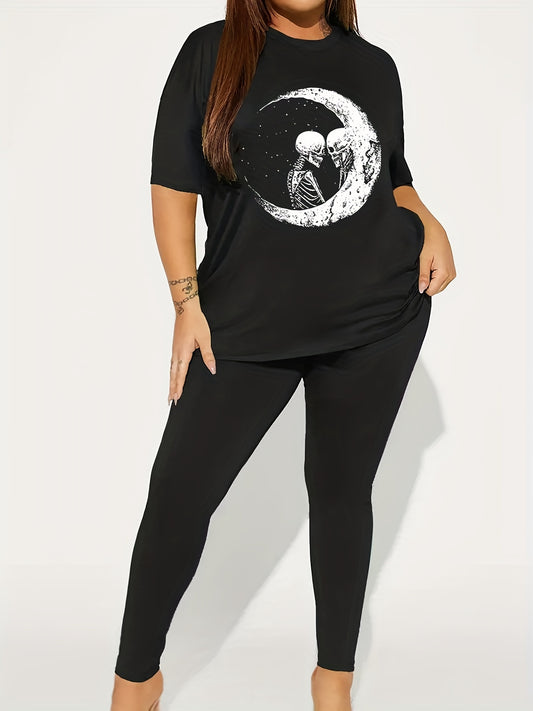  Skull Moon Print Tee & Leggings Set