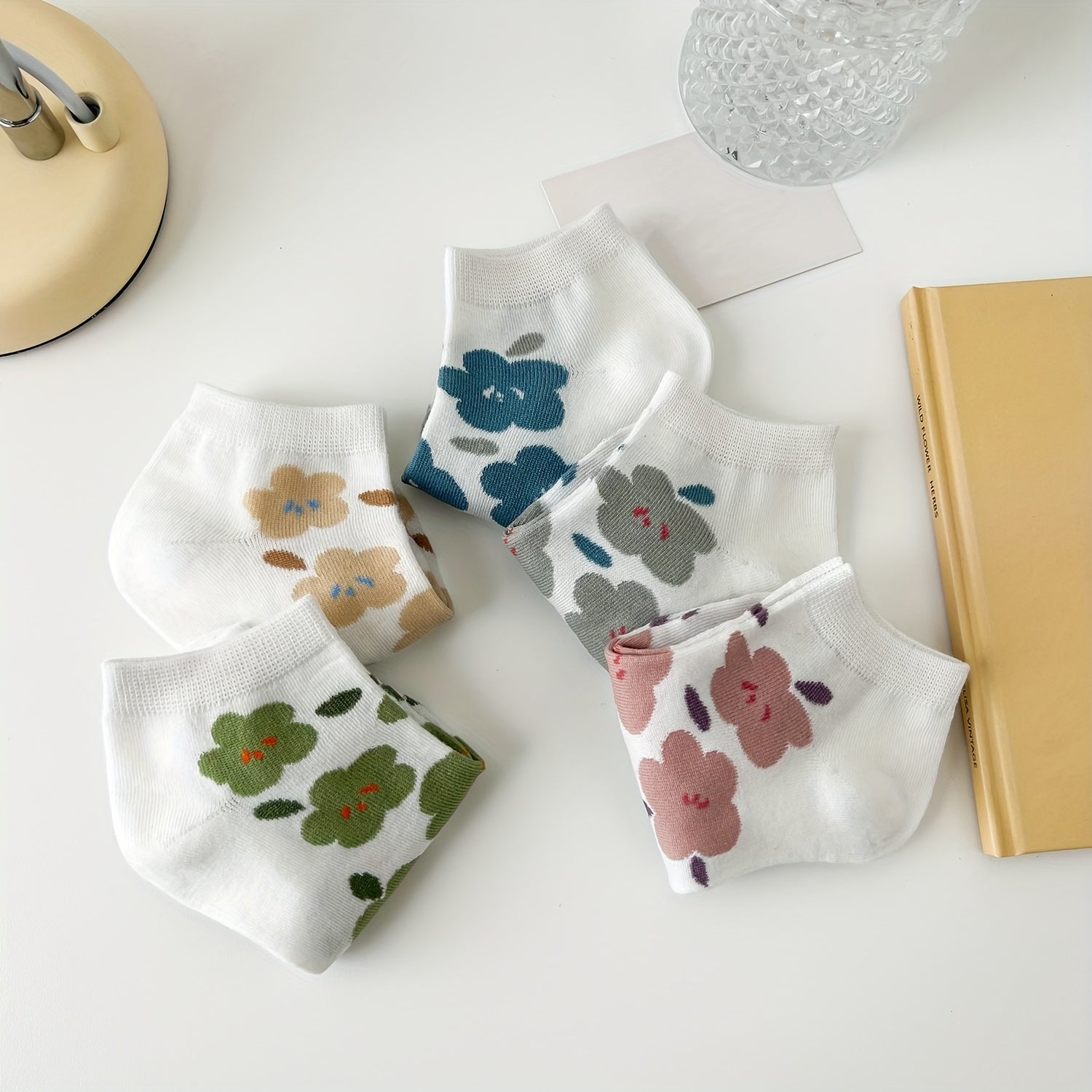 5 Pairs Floral Print Socks Low Cut Ankle Stockings