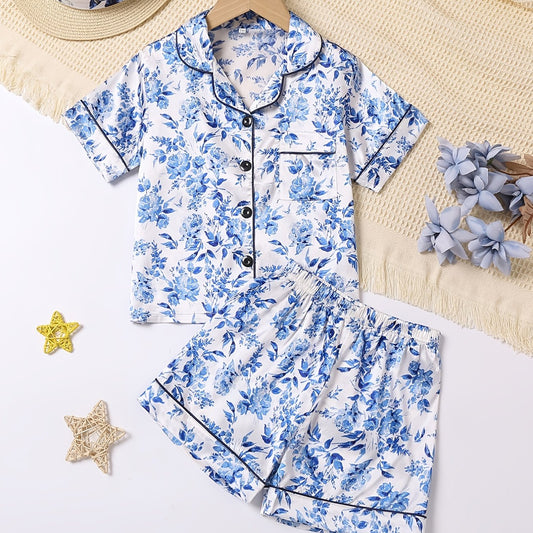 Girls Flowers Print Pajamas Set V Neck Button Top & Elastic Waist Shorts