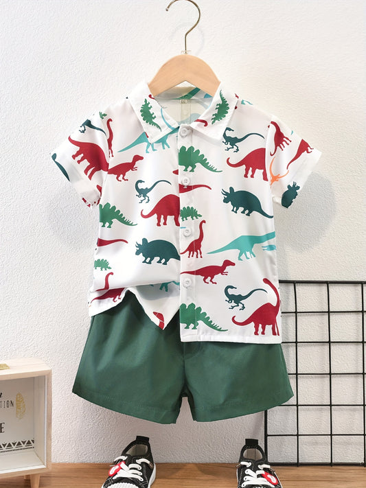 Boy's Dino 2pc Shirt & Shorts Set Kids Casual Summer Outfit