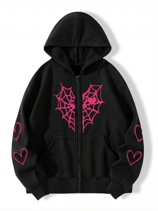 Heart Print Drawstring Hoodie Zip Sweatshirt
