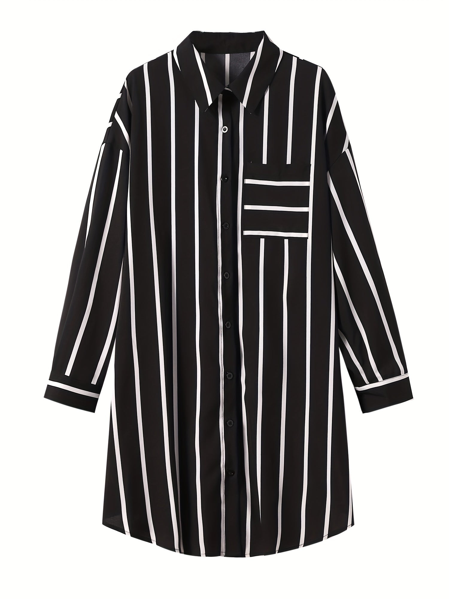  Stripe Print Button Up Long Sleeve Polo Neck Mini Shirt Dress