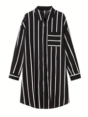  Stripe Print Button Up Long Sleeve Polo Neck Mini Shirt Dress