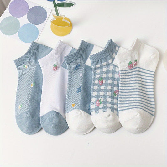 5 Pairs Girls Kids Cartoon Flower Socks Thin Breathable Low Cut Ankle Socks