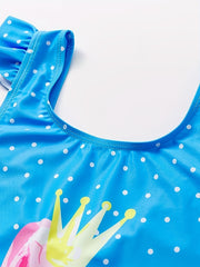 Girls Flamingo Graphic 1pc Swimwear Ruffle Trim Dot Print