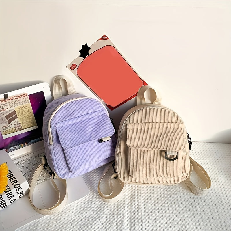Women's Mini Corduroy Backpack Solid School Bag 9x6x7 Inches