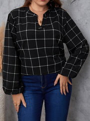 Grid Print Long Sleeve Notched Neckline Blouse