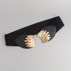 Vintage Golden Leaf Buckle Belt Elastic Wide Waistband for Women