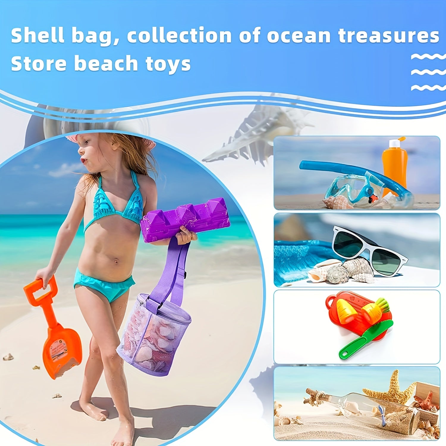 Mesh Shell Storage Bag Beach Sand Digging Bucket Toy Collection Bag